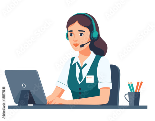 Professional Customer Service Representative at Work with Headset and Laptop in Modern Office Environment