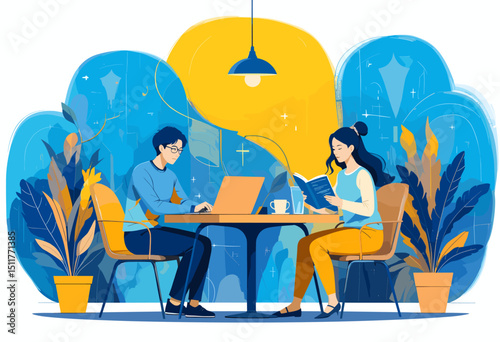 Modern Workspace with Two People Engaged in Creative Activities Surrounded by Vibrant Colors and Indoor Plants