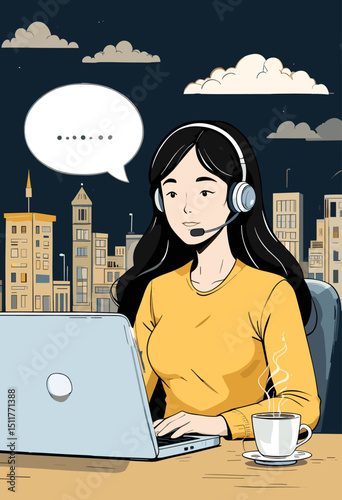 Woman Working Remotely at Night with Laptop and Headset in Urban Setting, Engaging in Online Communication and Customer Support