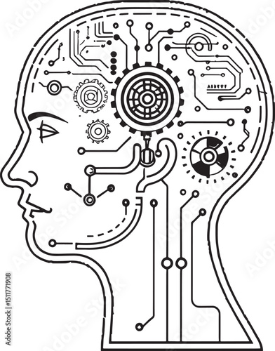 Human head illustration with gears, brain, and face drawing art