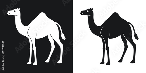 Stylized illustration of two camels in opposite colors against a black and white background