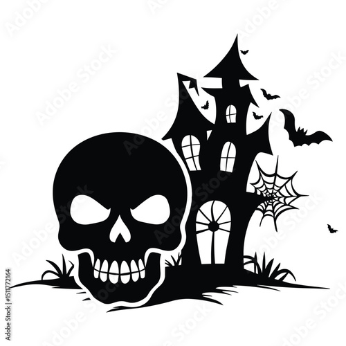 A spooky Halloween vector illustration shows a scary skull head with bones and bats in a night silhouette against a moonlit horror backdrop