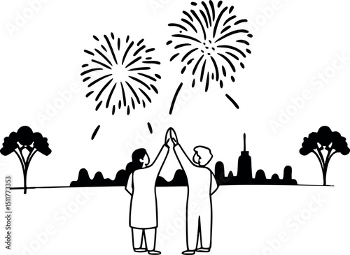 People Celebrating with Fireworks Silhouette