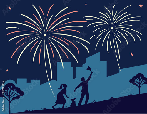 People Celebrating with Fireworks Silhouette illustration