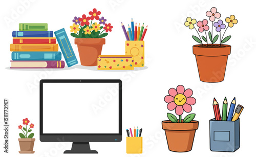 Colorful Potted Flowers Books Pencils Computer Desktop Design Elements perfect for branding stationery websites or educational projects