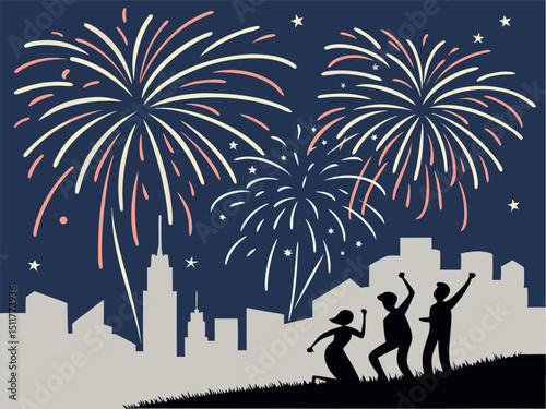 People Celebrating with Fireworks Silhouette illustration