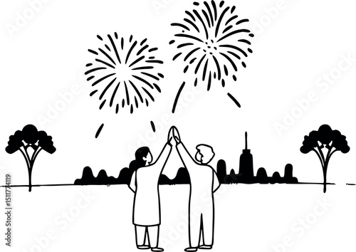 People Celebrating with Fireworks Silhouette