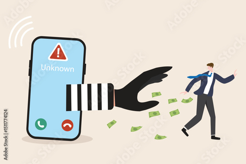 Scammer or cyber security concept. Businessman escape unknown call or risk e-mail. Mobile phone with warning and thief hand with money vector flat illustration.