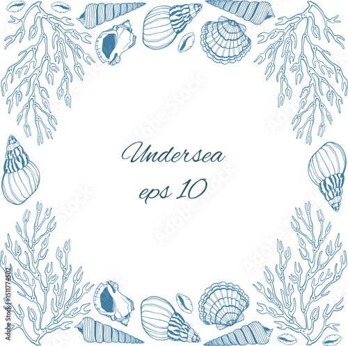 Border of vector illustration of sea shells and sea corals for design.
