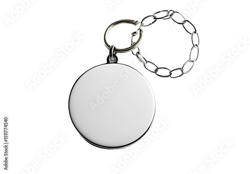 A plain white circular keychain with a silver metal rim and a small silver chain hangs against a black background.  The keychain is blank, ready for personalization