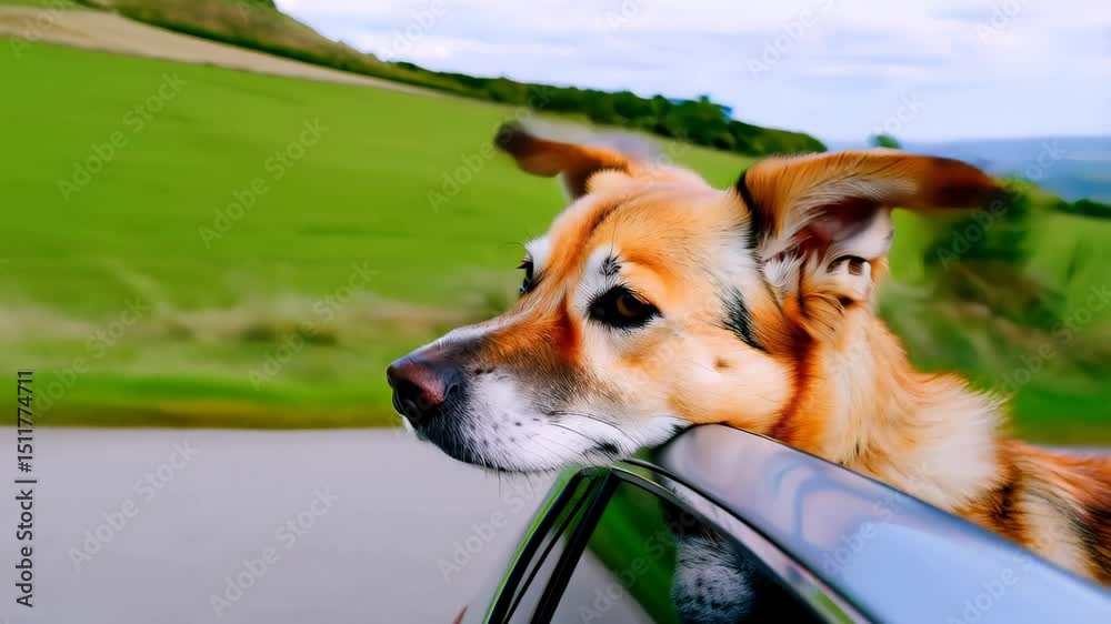 A happy Pembroke Welsh Corgi-like dog with its head out of a car window ...