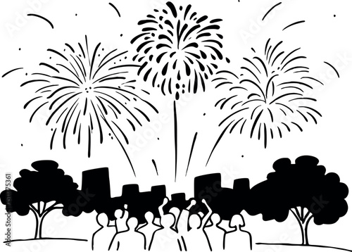 People Celebrating with Fireworks Silhouette vector illustration