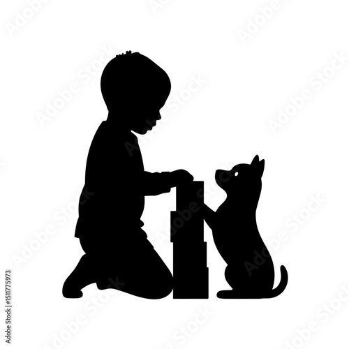 Child playing with blocks while kneeling next to a dog