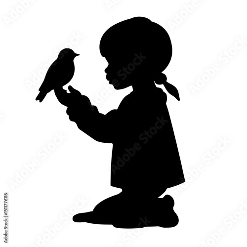 Child interacting with a small bird in silhouette form  