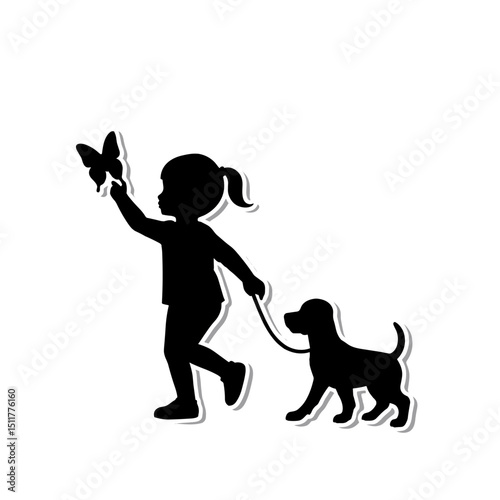 Silhouette of girl walking dog while holding butterfly in hand  