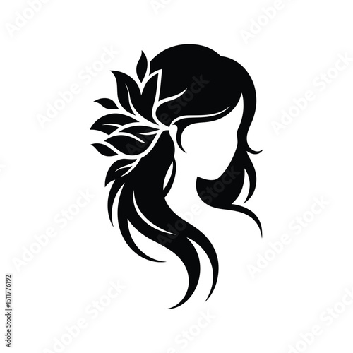 Elegant black silhouette of a woman with flowing hair and floral adornment