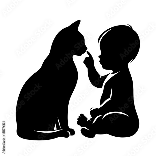 Baby interacting with cat while sitting on the floor  