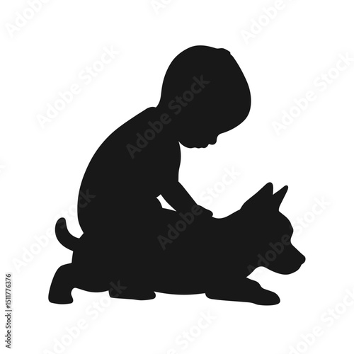 Child playing with a dog in silhouette format  