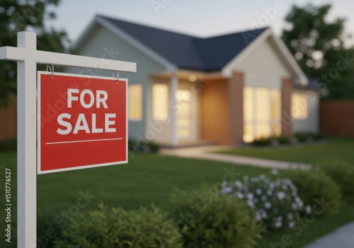 A red For Sale sign is in the foreground with a modern house blurred in the background at dusk
