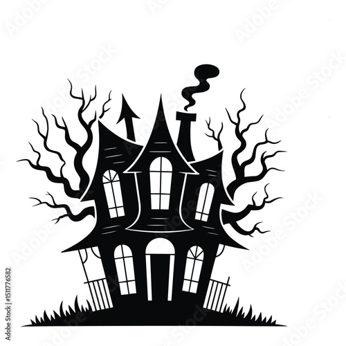 Vector illustration of a spooky cartoon house silhouette on a black night sky