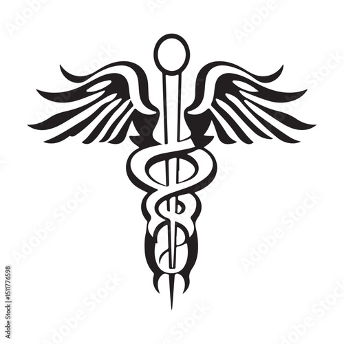 Gold caduceus medical symbol with wings and snakes on a white background, an emblem of healthcare and pharmacy