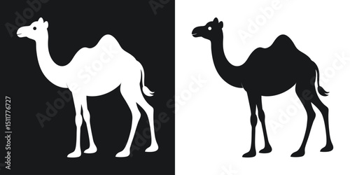 Two camel silhouettes in white and black with different background colors and styling