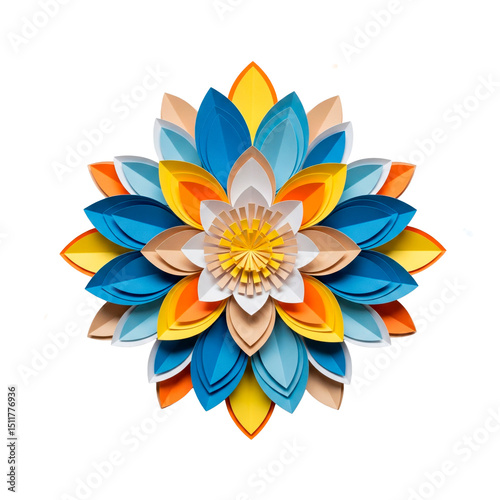 A 3D paper flower with blue, yellow, and orange petals displayed against a transparent background.