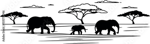Elephants in African Savanna Silhouette