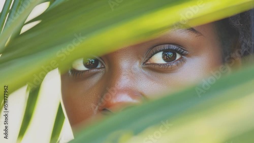 Focused close-up on a woman's expressive dark eyes peering through blurred green foliage, emphasizing her gaze and a sense of natural mystery
