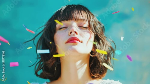 Dreamy young woman with closed eyes surrounded by colorful confetti in sunlight