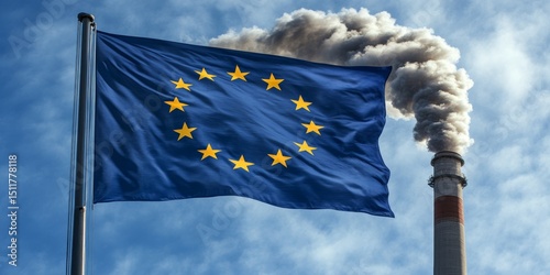 EU Flag With Industrial Smokestack And Smoke, Environmental CO2 Emission Policy Theme. photo