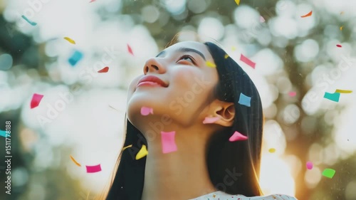 Dreamy young Asian woman surrounded by colorful confetti