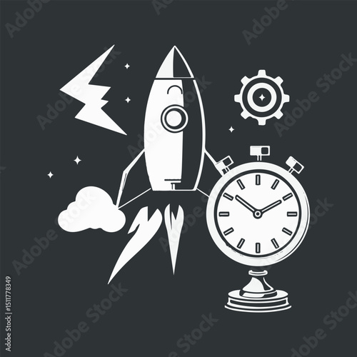 Space rocket vector illustration with a clock face symbolizing the speed of business deadlines