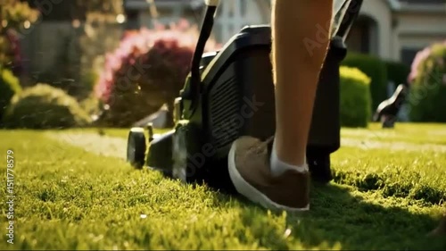 Cinematic close up Ground-Level View to legs of man walking and  using Electric Lawn Mower in Action – Slow Motion Grass Cutting on backyard Garden