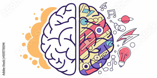 Left and Right Human Brain Concept – Creative and Logical Mind with Social and Business Doodles

