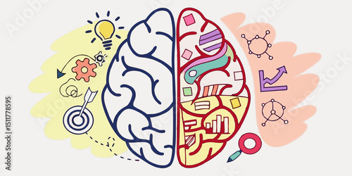 Left and Right Human Brain Concept – Creative and Logical Mind with Social and Business Doodles

