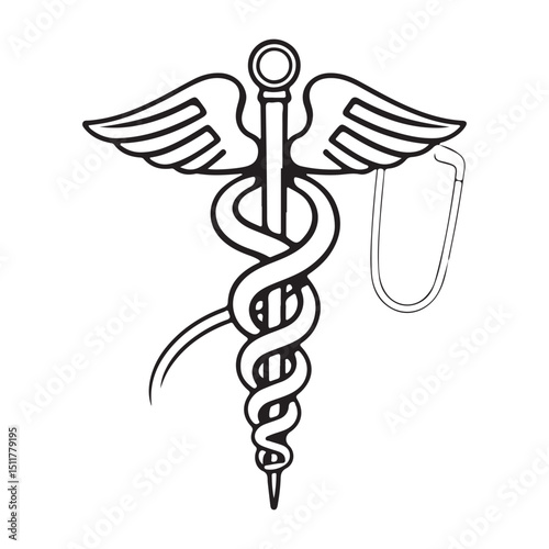 Caduceus medical symbol vector with snake, wing, and gold illustration for health and pharmaceutical care