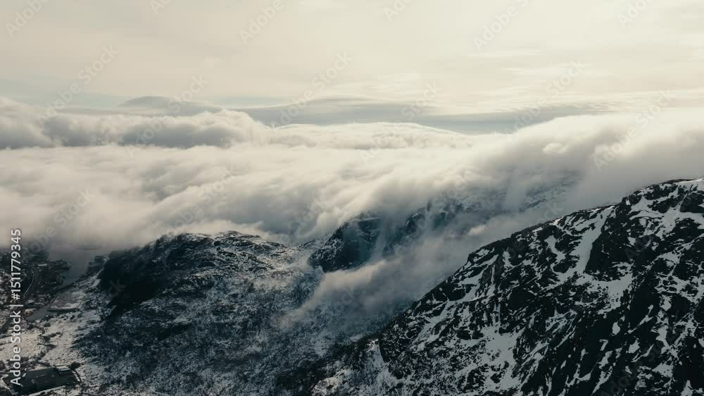 View Above The Clouds On Lofoten Islands In Norway - Drone Shot