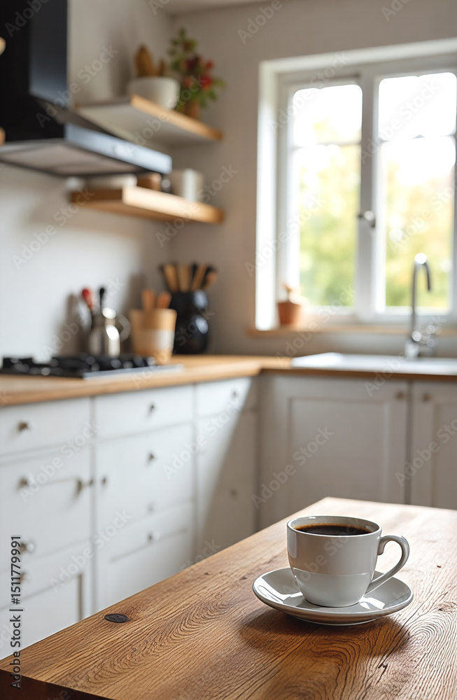 Obraz premium White wooden kitchen set, made in minimalist Scandinavian style