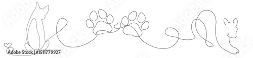 Minimal continuous line illustration with a sitting cat and a stretching cat at both ends, and two animal footprints in the center. Ideal for pet lovers, vector graphics for modern and elegant designs