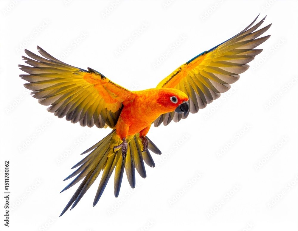 Fototapeta premium Sun parakeet bird aratinga solstitialis flying isolated on white background