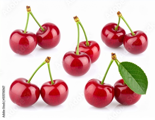 Sweet red cherry set isolated on white background 