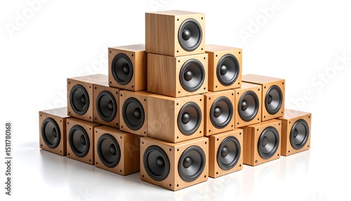 Stylish Wooden Speakers Pyramid Arrangement.high fidelity, music, pyramid, sound, speaker, system, audio, acoustic, arrangement, home, modern, stereo, technology, design, equipment, wooden, bass, 