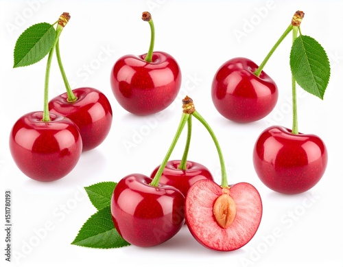 Sweet red cherry set isolated on white background 