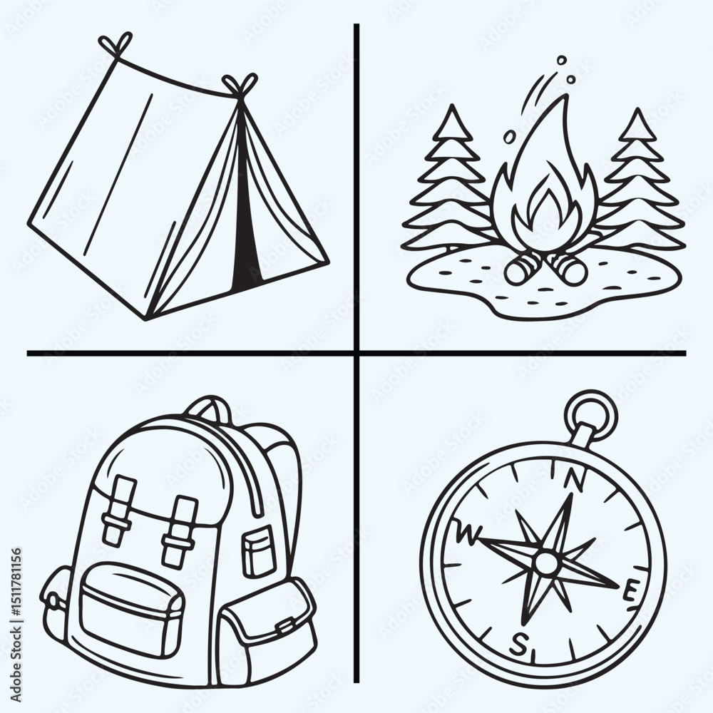 Create a detailed illustration of essential camping gear, including a tent, a campfire, a backpack, and a compass, each depicted in separate quadrants.
Keywords: camping, tent, campfire, backpack, com