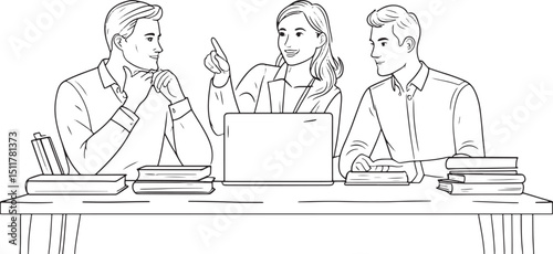 Funny cartoon business people meeting in the office, a humorous illustration of gag comics with men and women working on computers