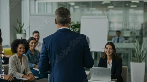 Business presentation enthralls engaged multiracial team in modern office setting photo