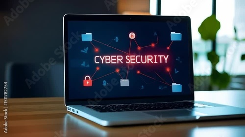Cyber security text on a laptop screen with red padlock icons and blue folder icons connected by lines, in an office