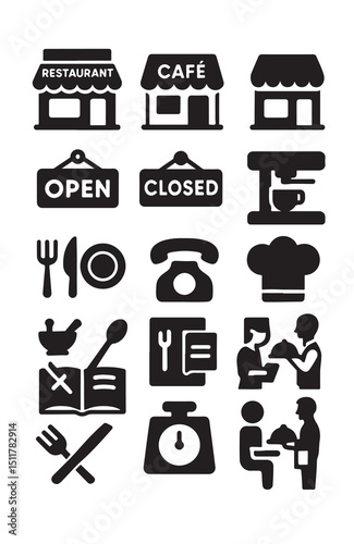 Restaurant cafe store black and white silhouette icons