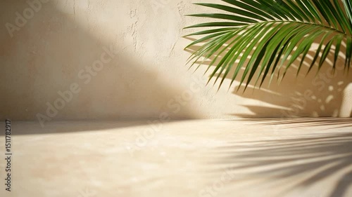 Neutral backdrop with palm shadow and sunlight texture for product display or natural background
